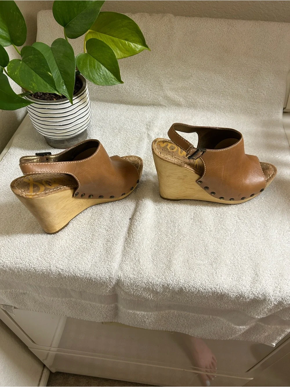 Sam Edelman Tan Leather Studded Slingback Wedge Sandals